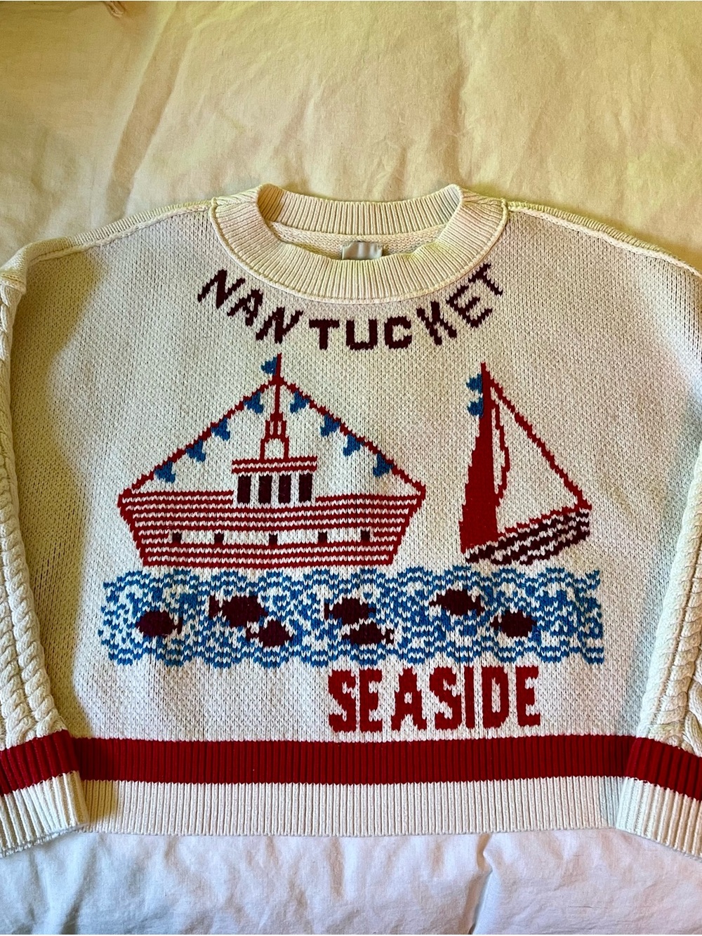 Maeve Nantucket Seaside Cable-Knit Pullover Sweater - White/Red/Blue - Picture 4 of 4